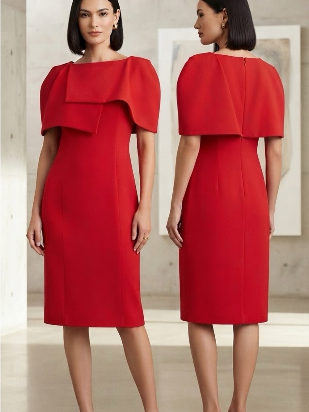 Rene Ruiz Red Midi Dress with Draped Capelet
